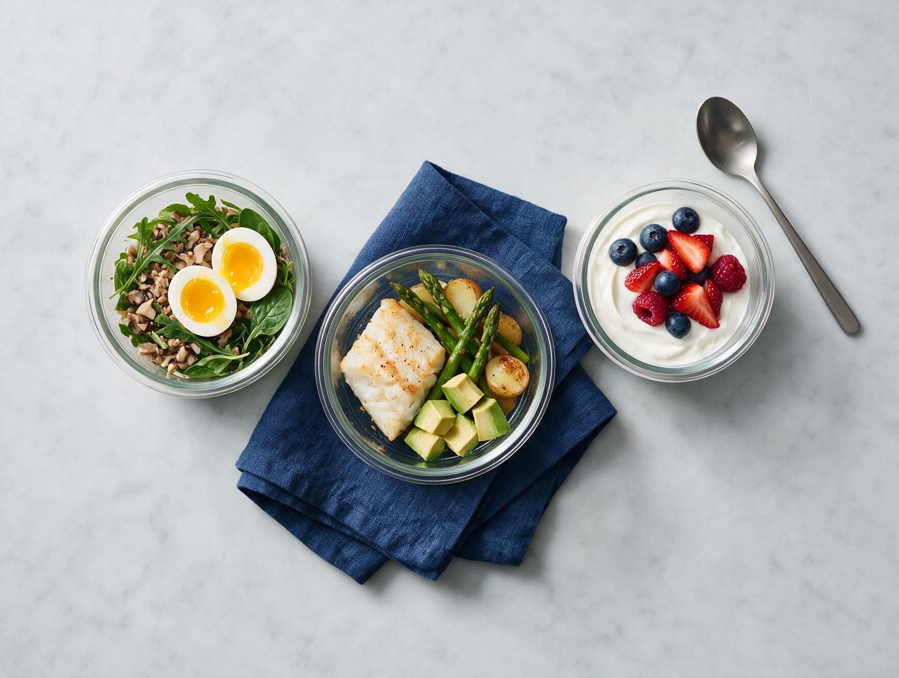 Potes de meal prep organizados com refeições prontas